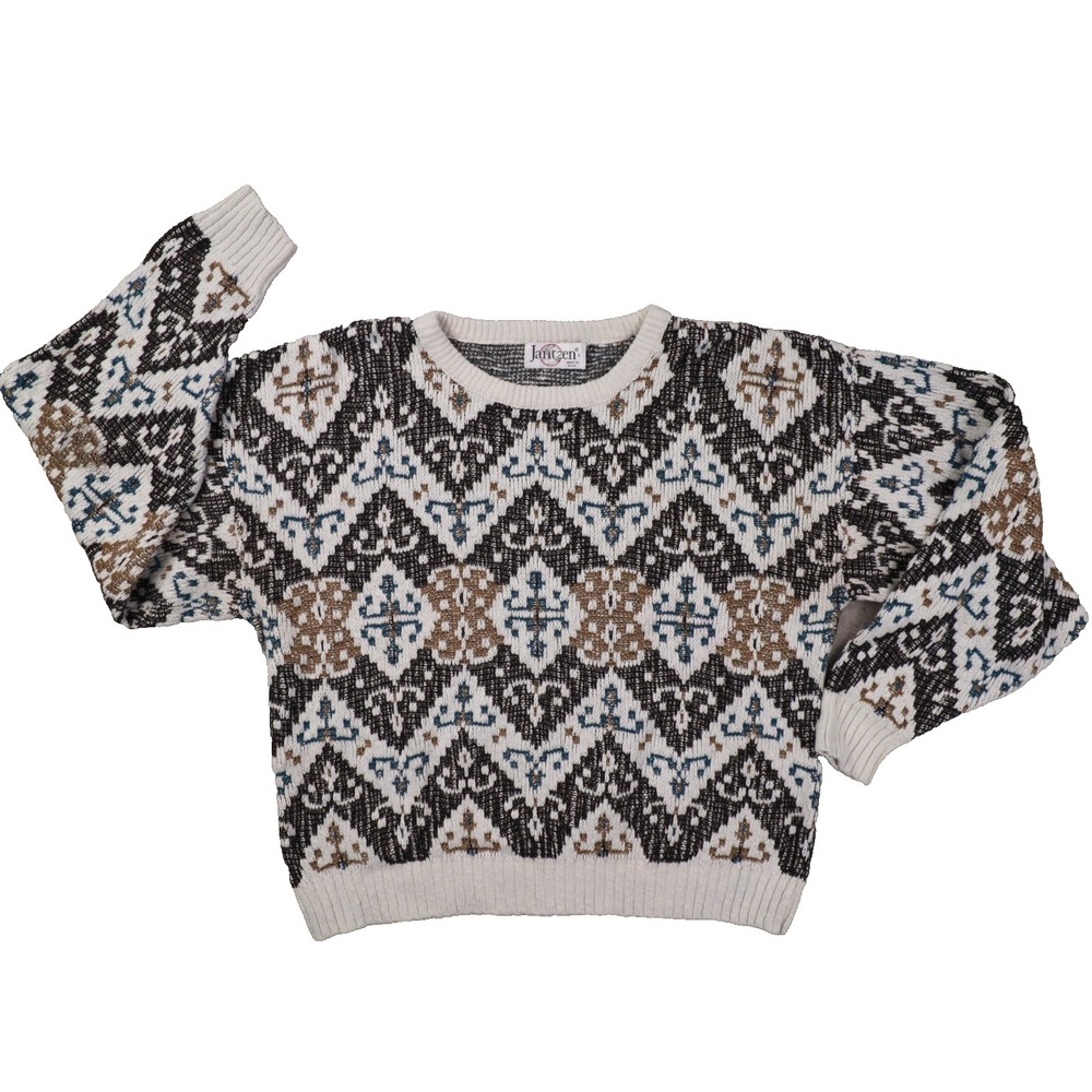 Jantzen Vintage White Grey Fair Isle Sweater Made in USA Women's Large Retro